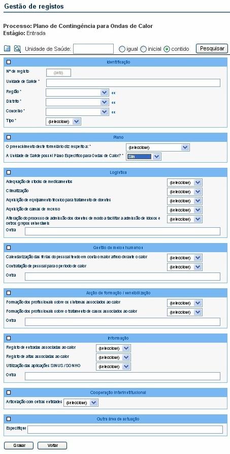 Figura 8 - Formulário relativo aos Planos Específicos das Unidades Prestadoras de Cuidados de Saúde.