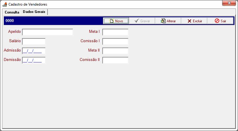 Sub-módulo Dados Gerais. 1-Clicar em botão Novo para adicionar um vendedor. 2-Preencher os dados do cliente, em seguida clicar no botão Gravar e, ao final, clique botão Sair.