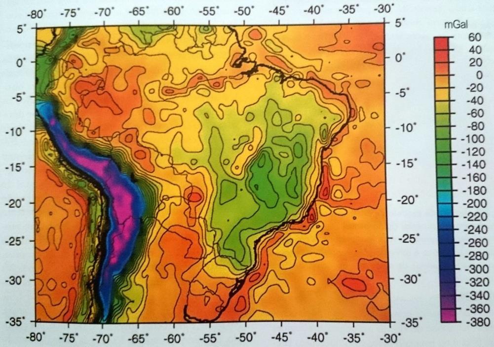 figura 7 representa o mapa de anomalias Bouguer da América do Sul e áreas marinhas circunvizinhas, mostrando várias anomalias gravimétricas, variando em uma escala que vai de 60 mgals positivos até