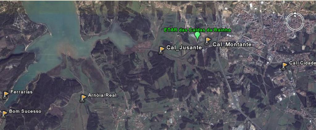 Figura 2. Localização das estações de amostragem nos rios e valas de drenagem afluentes à Lagoa de Óbidos. Na zona Balnear da Foz do Arelho a recolha foi feita em 5 locais à superfície e em baixamar.