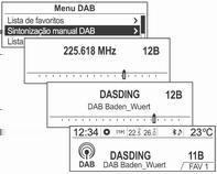 200 Rádio Menu FM, AM ou DAB Lista de favoritos Menu DAB sintonia manual DAB Menu FM ou AM Lista de estações FM ou AM A partir de Menu FM, Menu AM ou Menu DAB, rodar o botão multifunção para