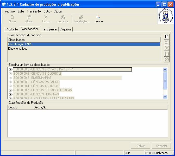 1.3. Guia: Classificações Na guia Produção é informada a classificação principal das produções da Instituição.