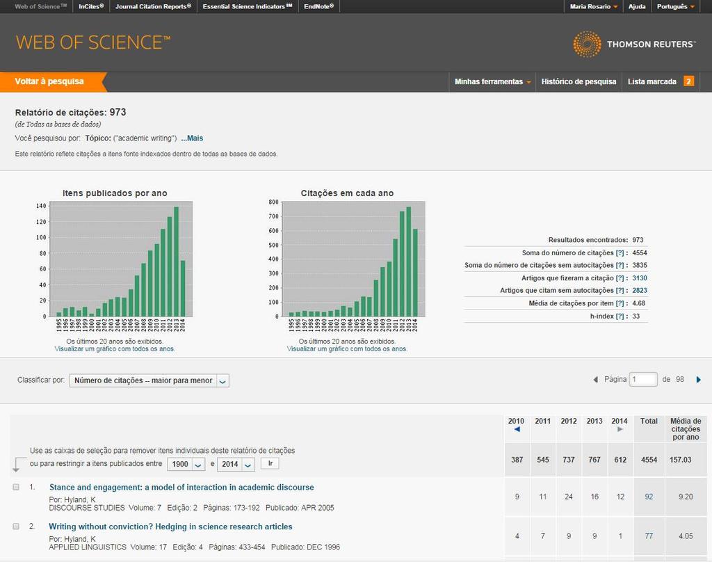 WEB OF SCIENCE O relatório de citações a partir da lista de resultados (só funciona com pesquisas que apresentem menos de 10.