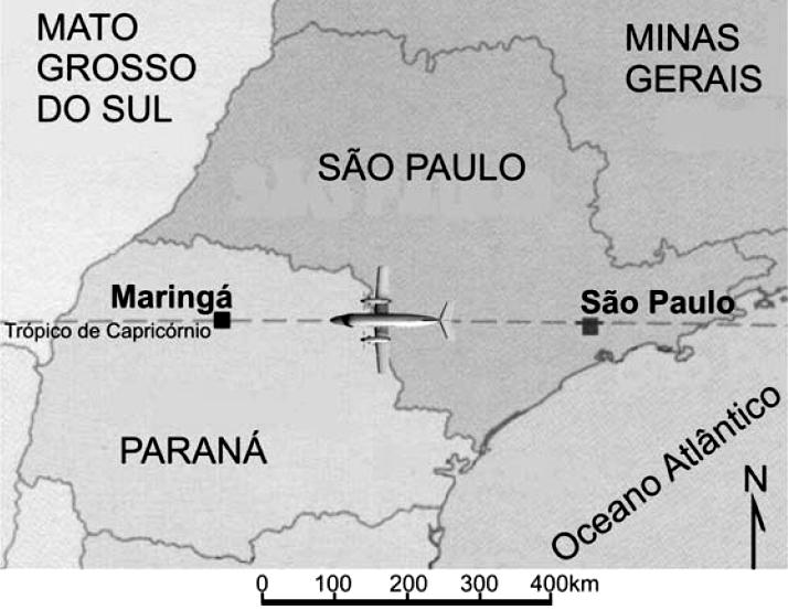 Exercícios Complementares 06. (UFPB) Na figura observa-se a ilustração de um avião na rota São Paulo (SP) Maringá (PR) voando, em linha reta sobre o Trópico de Capricórnio.