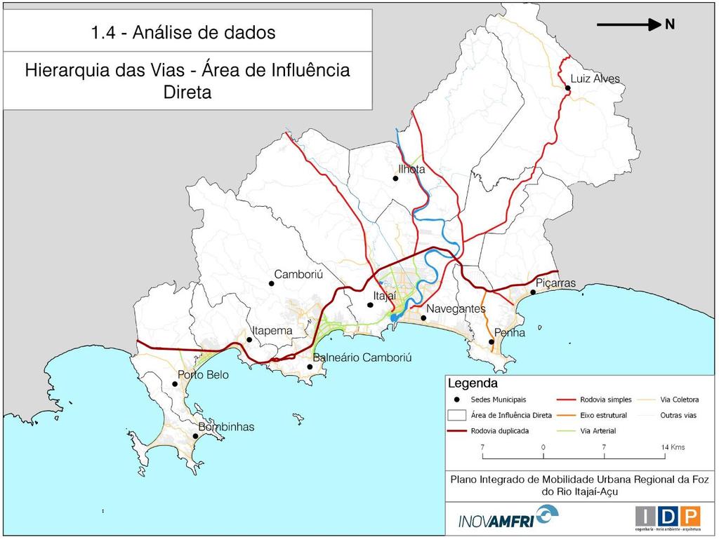 Figura 1 - Hierarquia das Vias - Área de Influência Direta As vias também foram classificadas em função de suas capacidades, estas foram subdivididas em cinco faixas de capacidade sendo classificadas