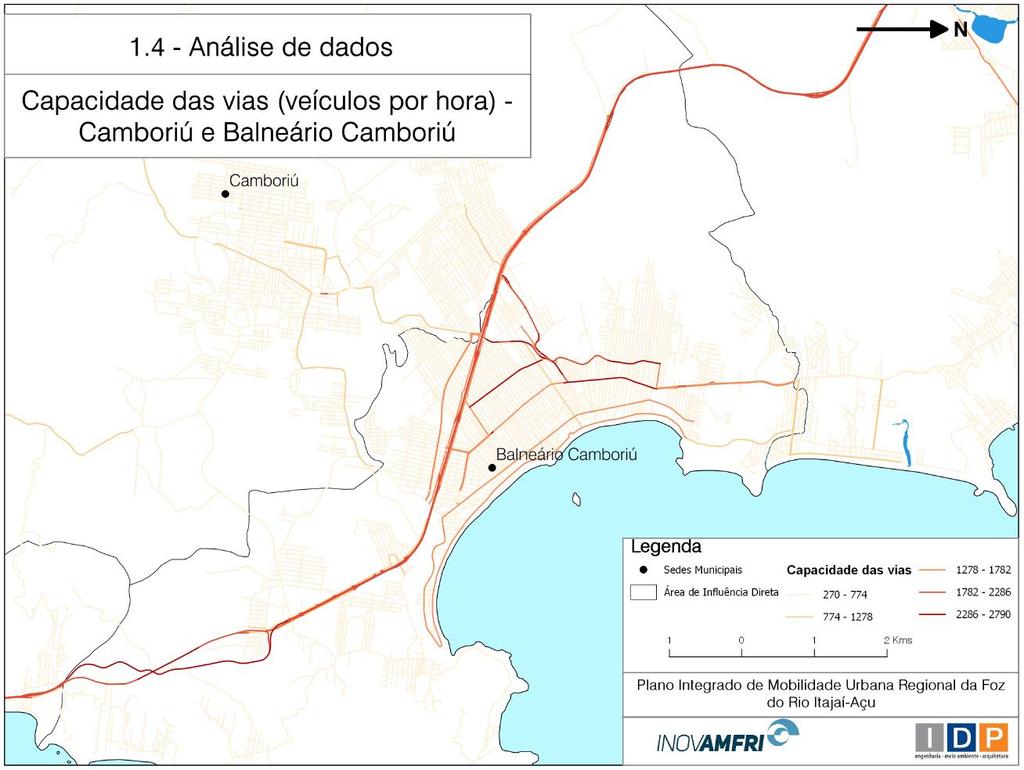 Figura 3 - Capacidade das vias (veículos por hora) - Camboriú e Balneário Camboriú Cabe destacar que as caracterizações de algumas vias de interesse estão presente no Relatório de Pesquisa de Campo,