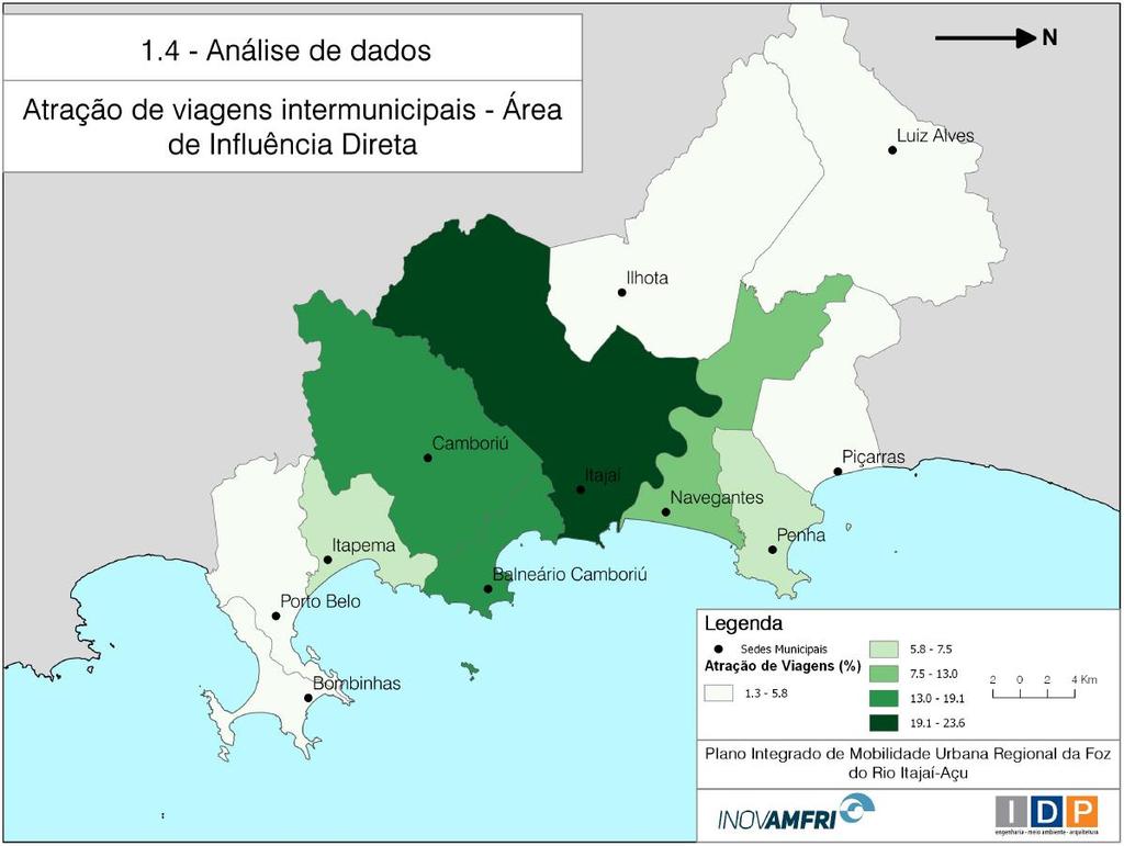 Figura 7 Mapa destinos Elaborado: IDP Brasil (2016) É possível analisar que os municípios com maior geração e atração de viagens são Itajaí, Balneário Camboriú, Camboriú e Navegantes.