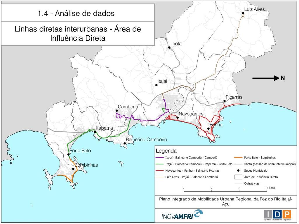 Figura 30 Mapa das ligações interurbanas Elaborado: IDP Brasil É possível notar a influência do rio Itajaí-Açu como condicionante no caso do transporte coletivo interurbano na região, pois existe