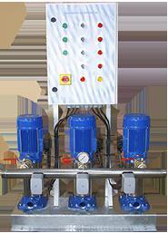 TRI CMH A Central é composta por: 1 Chassis de suporte em aço galvanizado. 3 Eletrobombas centrífugas multi-celulares horizontais. 1 Quadro elétrico de comando e proteção.