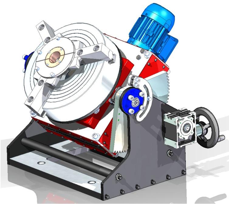 Giro acionado por motoredutor com variador de frequência (220VAC). Conjunto coletor e 6 escovas com capacidade de 390A para o terra da fonte de soldagem.