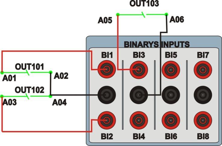 1.3 Entradas Binárias INSTRUMENTOS PARA TESTES ELÉTRICOS Ligue as entradas binárias do CE-6006 às saídas binárias do relé: BI1 ao pino A01 e seu comum ao pino A02.