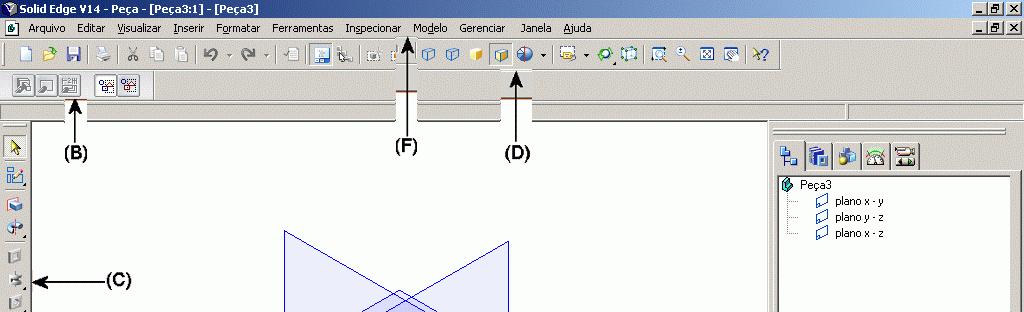 Interface (A)- Área do modelo/ Model Area: A área do modelo é onde acontece a modelagem real de uma peça de construção de uma montagem.