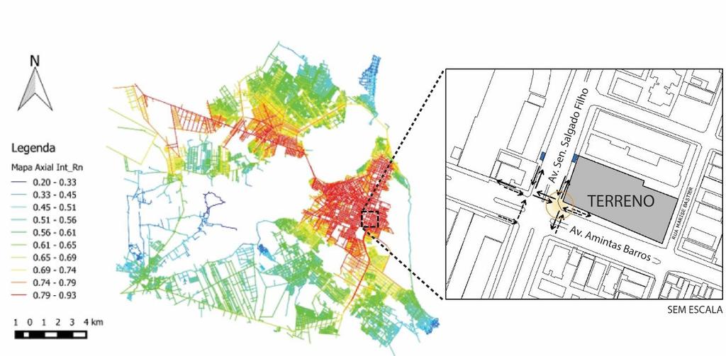 A definição do terreno para desenvolvimento do projeto foi auxiliada por análises de sintaxe espacial (mapas axial e de segmento) e por observações in loco, com o intuito de verificar a existência de