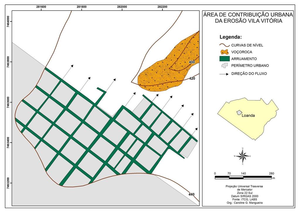 Figura 5. Representação da direção do fluxo das águas pluviais que contribuem diretamente para a erosão Vila Vitória.