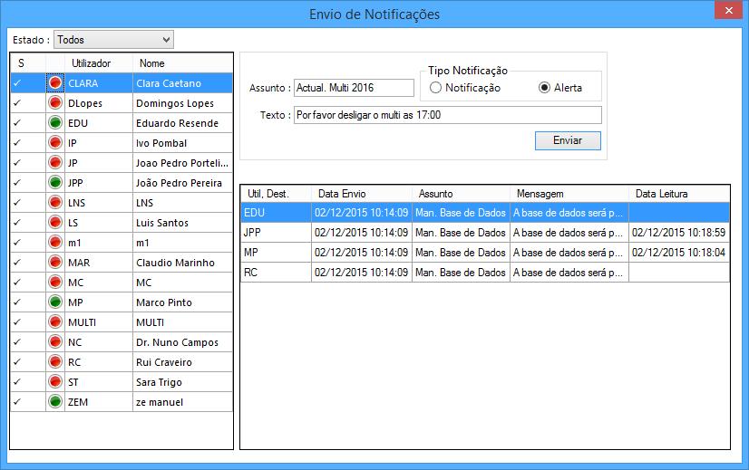 NOTIFICAÇÕES / ALERTAS O Multi 2016 disponibiliza uma nova ferramenta de envio de notificações ou alertas para os utilizadores.