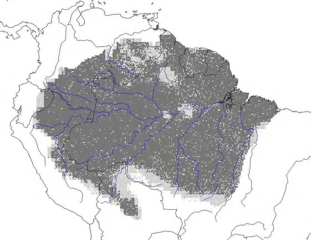 Distribuição de espécies de aves Amazônicas Distribuição potencial no presente Espécies usadas: (atualmente são distribuídas em