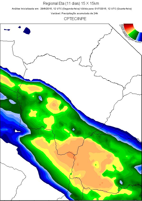Previsão do tempo para o Mato Grosso do Sul De acordo com o modelo Regional ETA (11 dias) 15 X 15km, a previsão numérica do tempo indica que durante a semana haverá nebulosidade variável e
