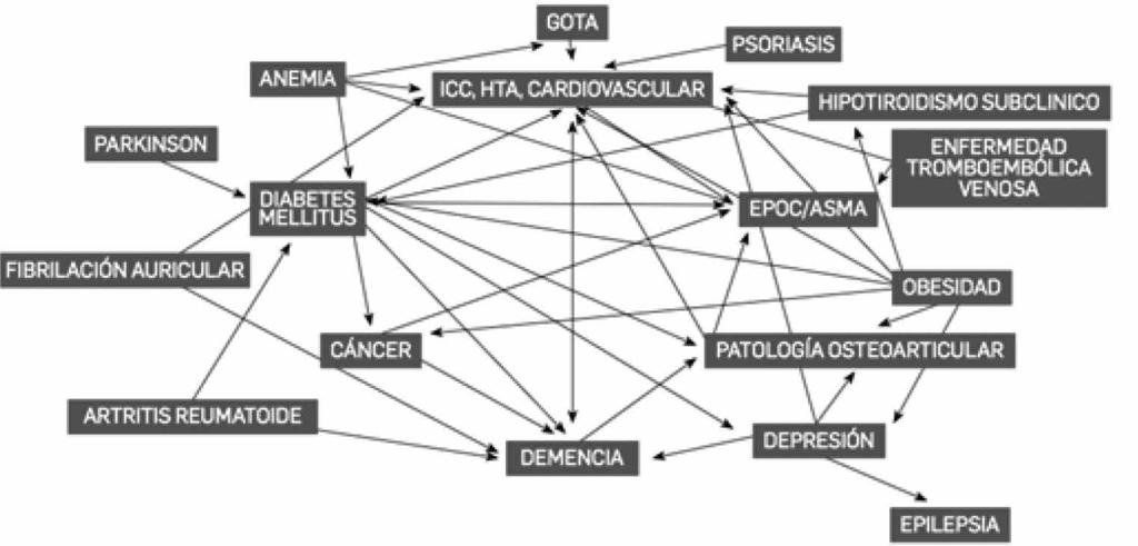 96 Figura 2. Interações de doenças segundo a literatura médica recente (2012) Obs.: EPOC Enfermedad pulmonar obstructiva crónica; HTA Hipertensión arterial; ICC Insuficiencia cardíaca congestiva.