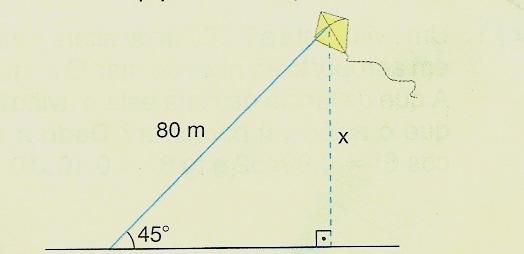 Questão 22 Na figura, a // b // c, calcule o valor de x. Questão 25 Uma pipa é presa a um fio esticado que forma um ângulo de 45º com o solo. O comprimento do fio é 80m.
