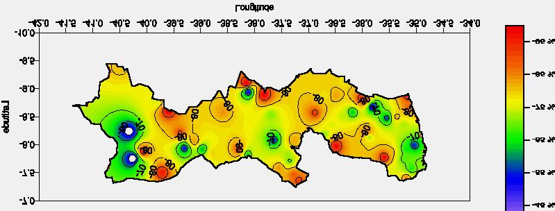 Figura 1.4 - Distribuição espacial dos desvios relativos (%) das chuvas observadas no período de março a junho/98 no estado de Pernambuco. Figura 1.