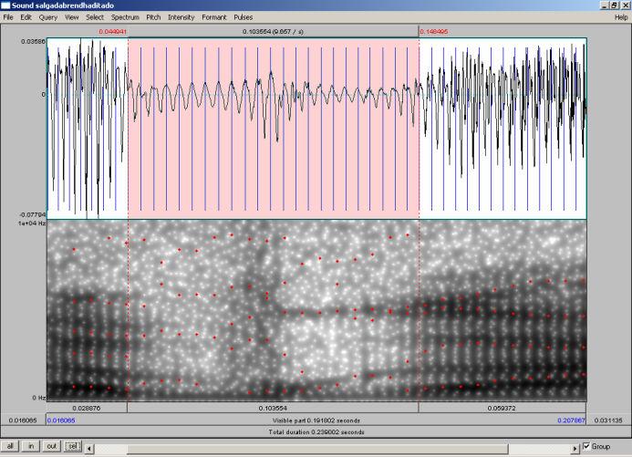 Figura 6: Forma de onda e espectrograma de produções com inadequações acústicas do Tipo 4 em [g]: ) na palavra salgada (visível [wga]), Grupo Controle; na palavra agosto (visível [ago]), Grupo