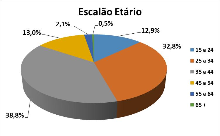 Escalões etários Analisando as idades dos respondentes por faixa etária, podemos concluir que o escalão entre os 35 e 44 anos representa 38,8% da