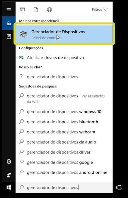 Faça uma busca no campo de pesquisa para achar essa janela. À esquerda, o campo de buscas do Windows.