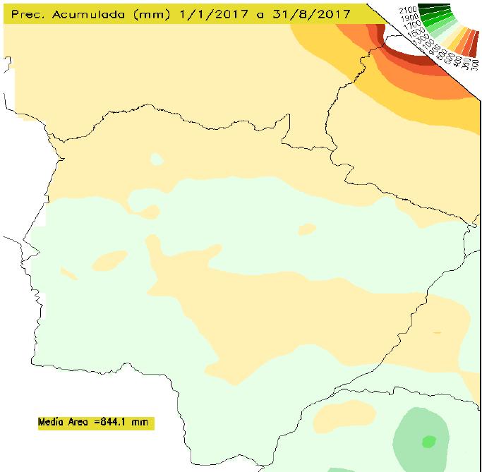 Figura 1: Precipitação acumulada em Mato Grosso do Sul de 1º de janeiro de 2017 a 31 de agosto de 2017. Fonte: clima1.cptec.inpe.