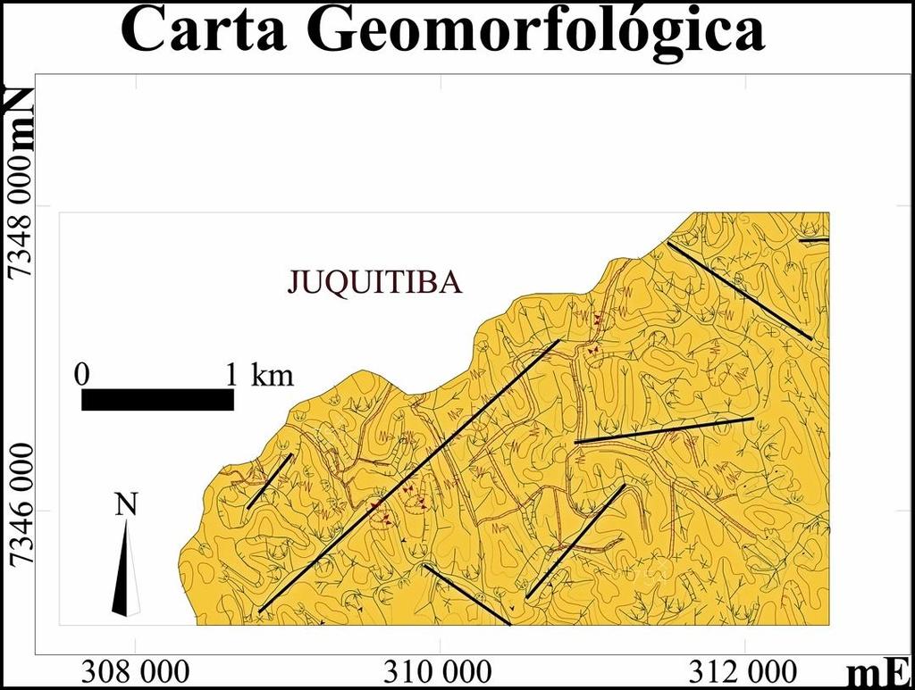 Figura 3 Detalhe da carta geomorfológica. A legenda pode ser observada na figura 2. Elaboração: a autora.