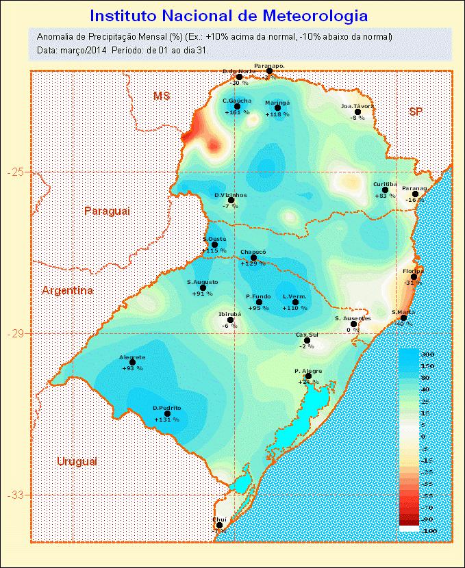 (Figura 1) ficaram acima do padrão climatológico em grande parte do Estado, apenas na serra do nordeste, no extremo sul e parte do planalto (região de Ibirubá) ficaram próximas do