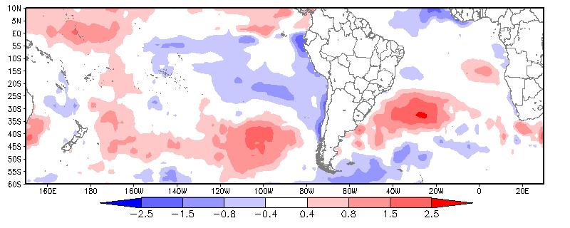 No Oceano Atlântico Sul ocorreu redução da anomalia negativa próximo ao sul da Argentina e também redução