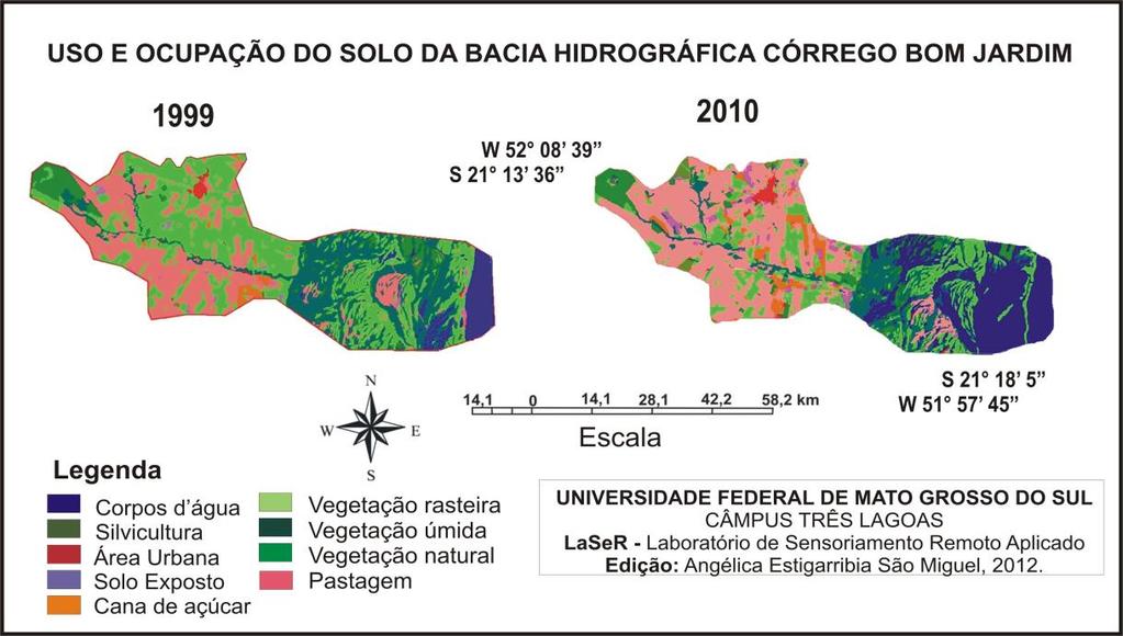 Figura 2 Uso e ocupação do solo da bacia Córrego Bom Jardim, no município de Brasilândia em 1999 e 2010; Fonte: Spring 5.0.6 (SIG); Edição: Angélica Estigarribia São Miguel, 2012.