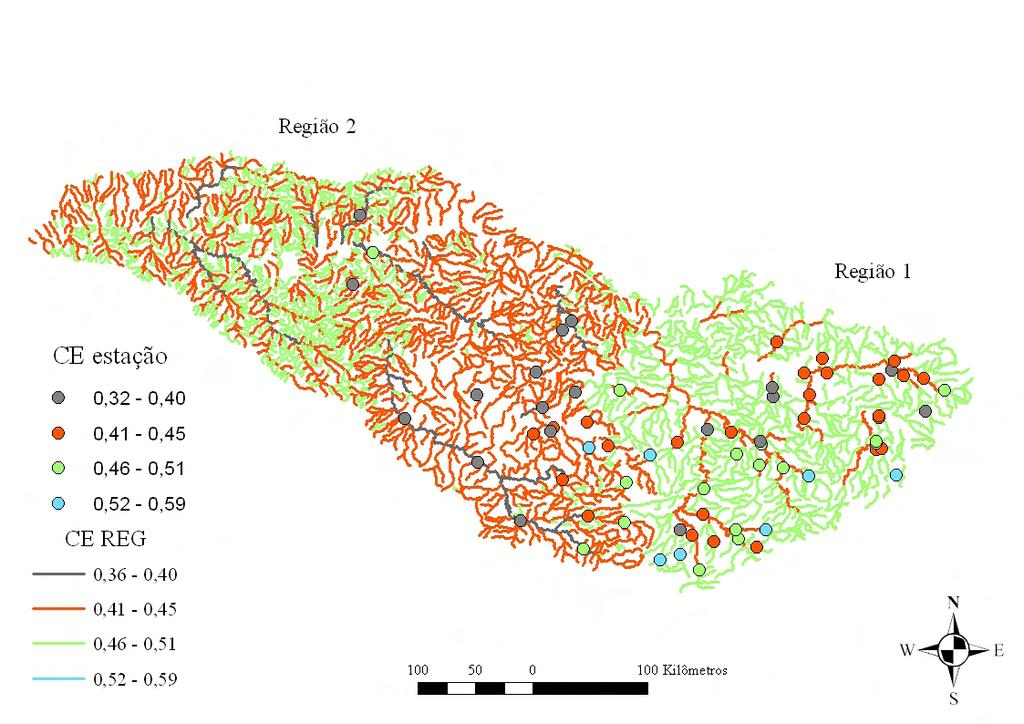 Figura 18. Coeficientes de escoamento estimados para cada trecho da hidrografia em função da vazão equivalente e calculados para as estações fluviométricas da bacia do Rio Grande.