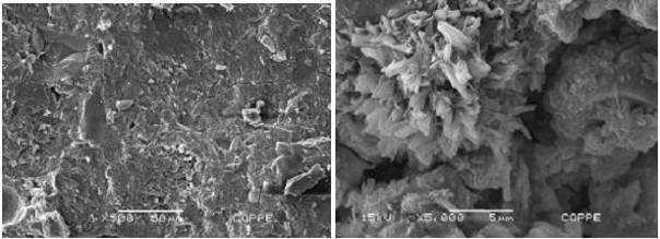 Figura 5 Fotomicrografia da pasta cimento + 10% de lodo A fotomicrografia da pasta cimento + 10% de lodo mostra uma superfície pouco densa não muito agregada com áreas vazias em razão da forma do