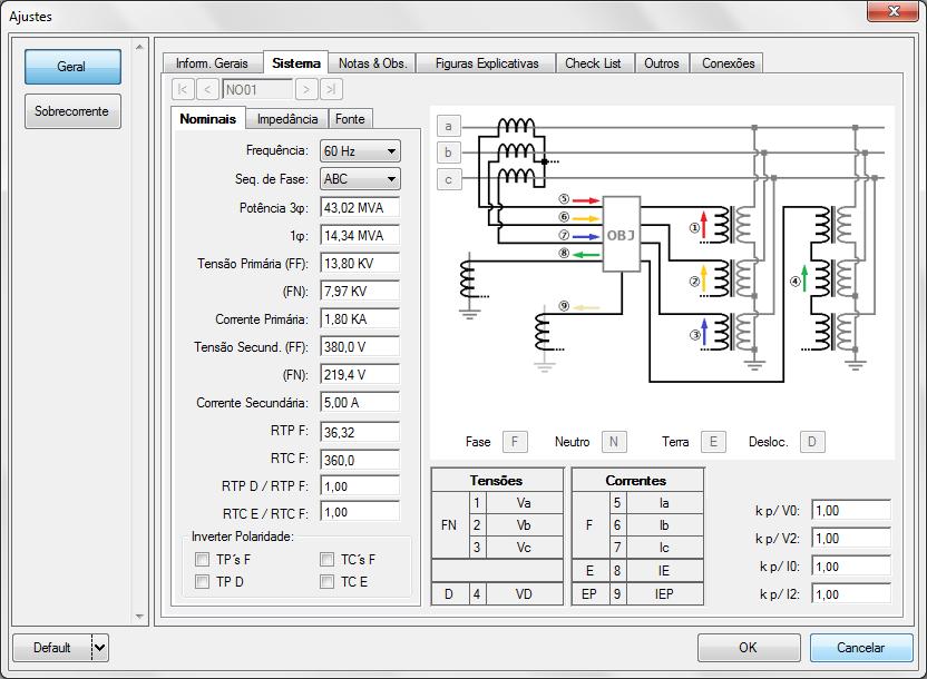 frequência, sequencia de fase, tensões primárias e secundárias, correntes primárias e