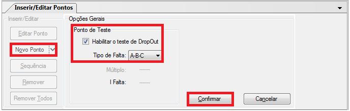 10.2 Teste de Pickup INSTRUMENTOS PARA TESTES ELÉTRICOS Nessa aba clique em Novo Ponto e escolha o tipo de falta (possui todos os tipos), se deseja testar dropout e o software faz a busca do pickup e