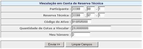 Vinculação em Conta de Reserva Técnica Operações (Menu Lançamentos) Visão Geral Essa função permite que o cotista realize a vinculação de cotas de fundo a uma conta de Reserva Técnica (97).