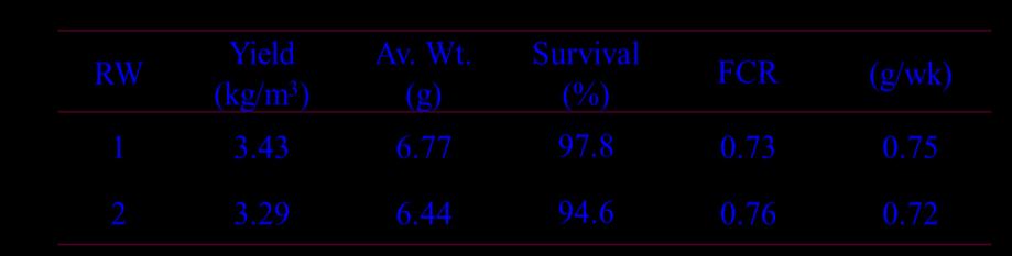 Resumo dos resultados do teste em dois RWs de 100 m 3 estocados com P. vannamei a uma densidade de 540 PL 4-8 / m3.