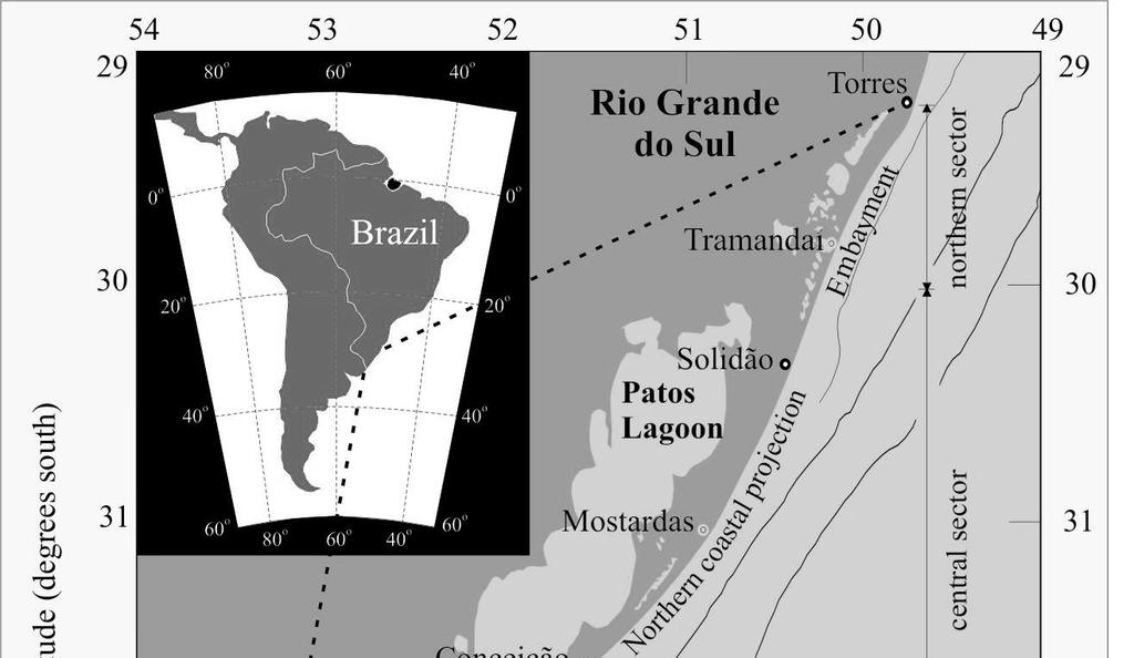 MATERIAIS E MÉTODOS Os locais de amostragem encontram-se na projeção costeira entre a praia do Cassino e a praia do Hermenegildo, no litoral sul do Rio Grande do Sul situados (Figura 1).