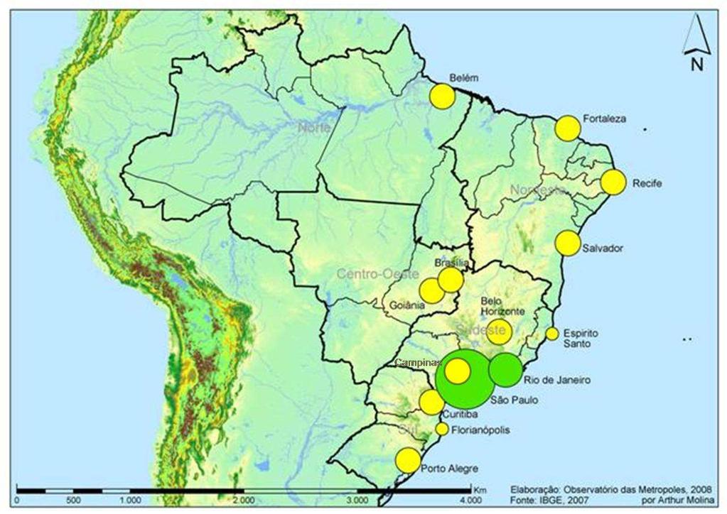 P á g i n a 8 Mapa 1: Grandes Espaços Urbanos Brasileiros Estes 14 Grandes Espaços Urbanos Brasileiros com funções metropolitanas 4 abrangem 60,3 milhões de pessoas, sendo 35,5% da população do país