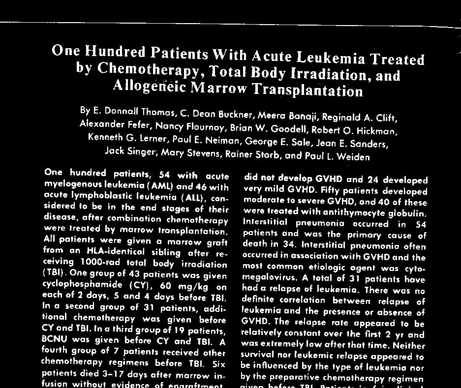 1973;33:921-928 Allogeneic Bone Marrow Transplantation in Refractory AML Survival (%) Probability of remaining in remission (%) Years Situação tipo