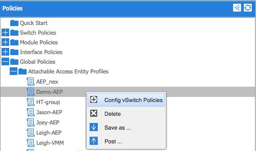 perfis fixativos da entidade do acesso > AEP > políticas do vswitch da configuração. 2.