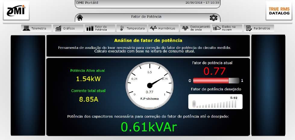 Análise de kvar Nesta página você poderá avaliar o kvar necessário para correção do fator de potência do circuito que está sendo medido.