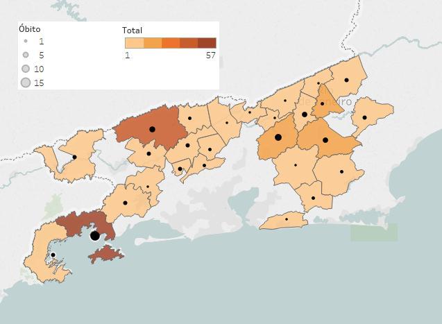 Mapa2 - Distribuição dos casos e óbitos de FA por Local Provável de Infecção (LPI ) no ERJ. Informe epidemiológico - Febre Amarela 020/2018 Fonte: CIEVS/SVEA/SES-RJ. Dados atualizados em 11/06/2018.