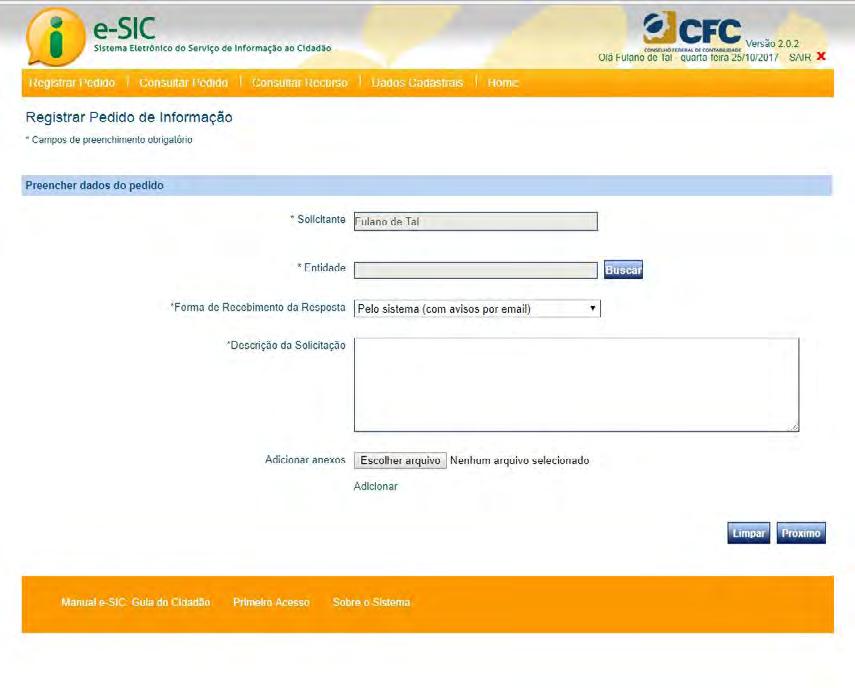 Na tela Registrar Pedido de Informação, localize o Conselho de Contabilidade para o