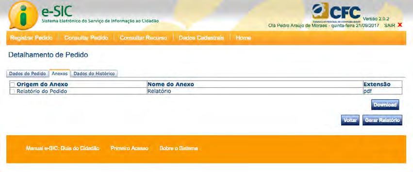 A aba Anexos apresenta os documentos relacionados ao pedido, incluídos no momento da solicitação.