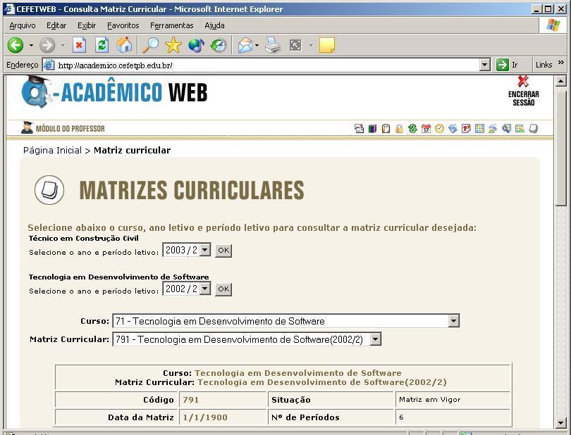 2.8 Matrizes Curriculares Fig. 2.8.0 O professor pode verificar nesse link a lista de todas as componentes curriculares que são necessárias serem cursadas para que o aluno conclua o curso, nos cursos em que leciona alguma matéria.