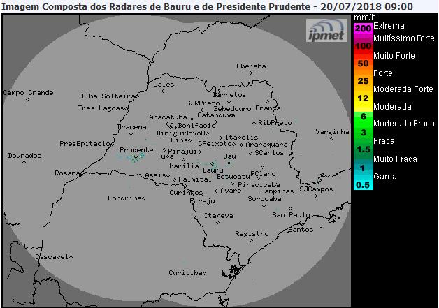Situação das chuvas às 09h00min Os radares meteorológicos dpmet/unesp, instalados em Bauru e Presidente Prudente, não estão detectando chuva no estado de São Paulo e nem nas demais áreas de cobertura.