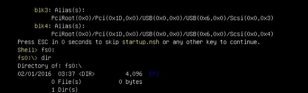 shell> map -r Incorpore um dos sistemas de arquivos do fsx disponíveis, como fs0 ou fs1, e pressione-o então entram. A alerta muda ao fsx>, onde x é o número do sistema de arquivos selecionado.