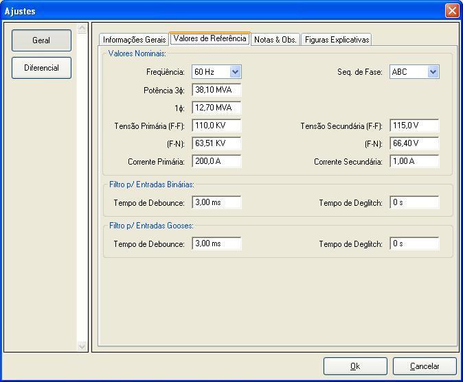 Na tela abaixo são ajustados os valores de frequência, sequência de fase, tensões primárias e secundárias, as correntes primárias e secundárias do sistema.